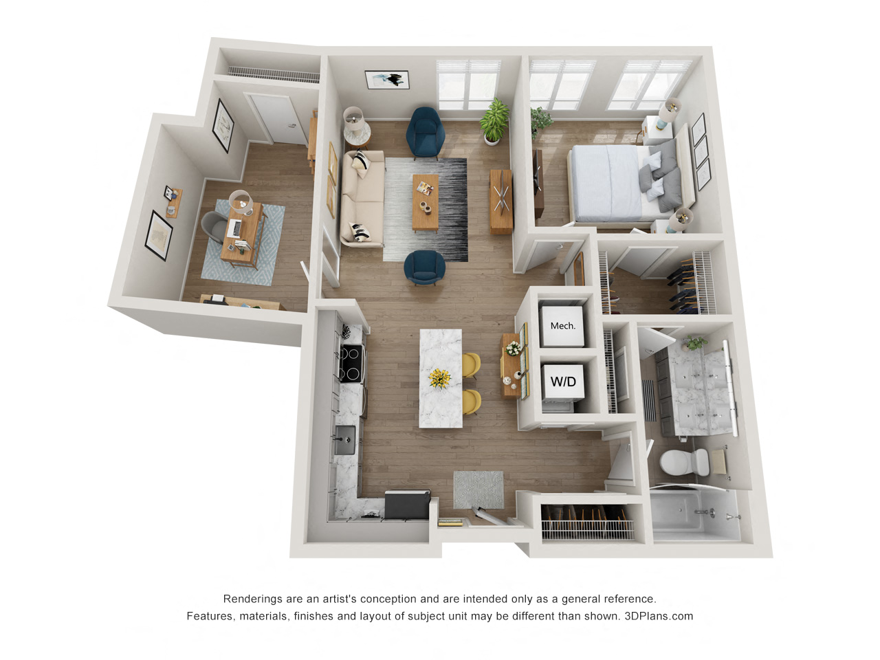 Floor plan for 1 bed, 1 bath, 827 sqft